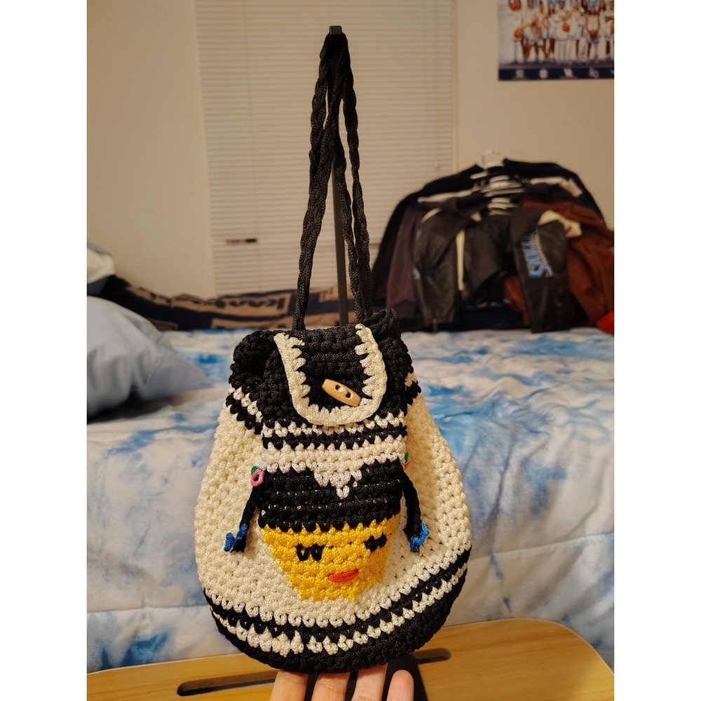 Handmade Macrame Crochet Kawaii Girl Bucket Bag Novelty Cord Purse Cottagecore